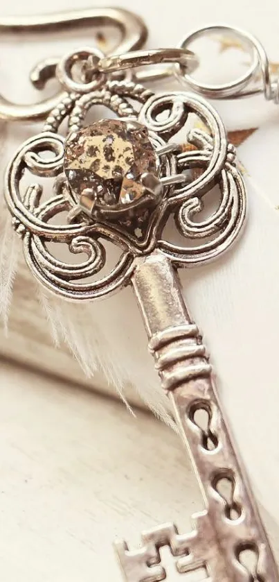 Ornate silver key on feathered background with golden stars.