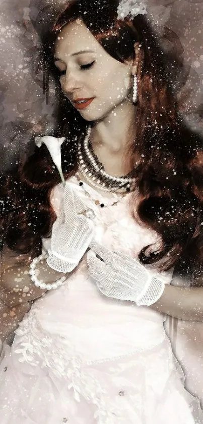 Elegant woman in vintage dress with pearl necklace and gloves.