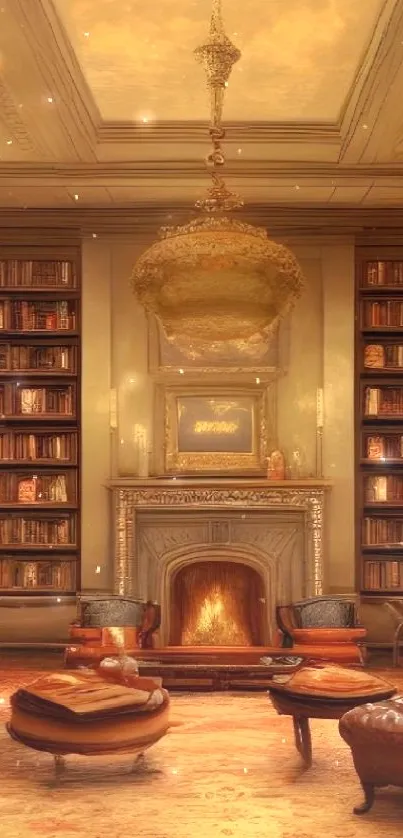 Cozy vintage library room with fireplace and elegant decor.