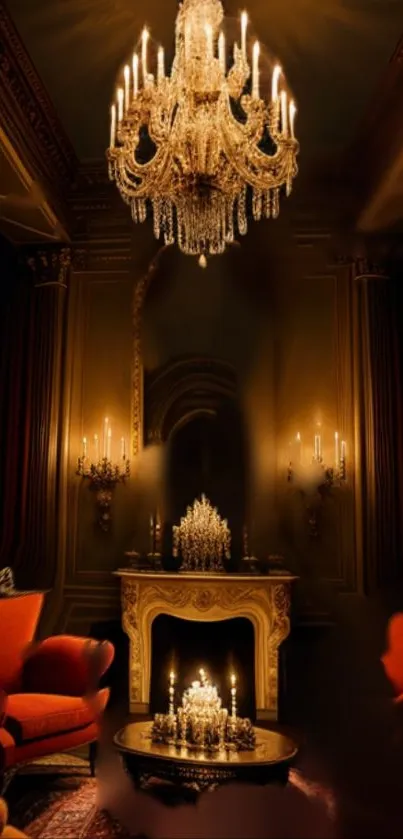 Vintage living room with gold chandelier and red chairs.