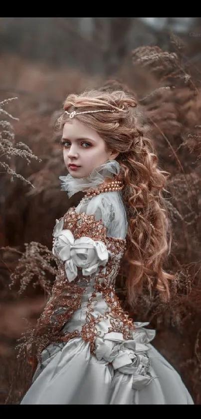 Woman in vintage gown with autumnal background wallpaper.