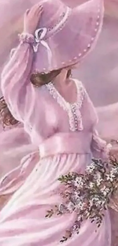 Elegant woman in pink dress with flowers in a pastel, vintage style art.