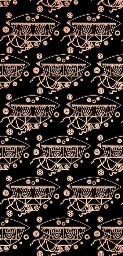 Elegant wallpaper with vintage geometric patterns on a black background.