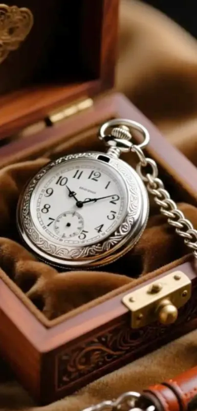 Vintage pocket watch in a wooden box with intricate details.