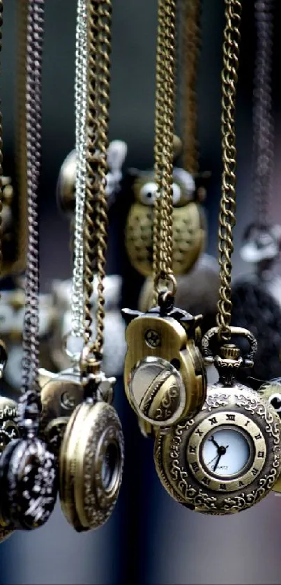 Collection of elegant vintage pocket watches with intricate designs and metallic chains.