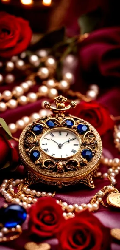 Elegant vintage pocket watch with red roses and pearls.