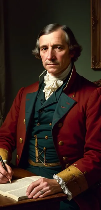 18th-century gentleman in vintage attire writing at desk.