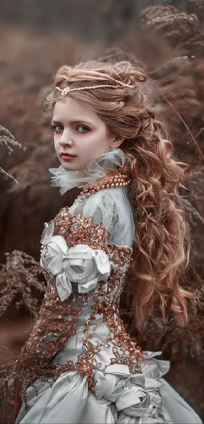 Vintage styled girl in ornate dress, sepia background.