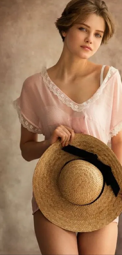 Elegant woman holding a straw hat in vintage-style portrait wallpaper.