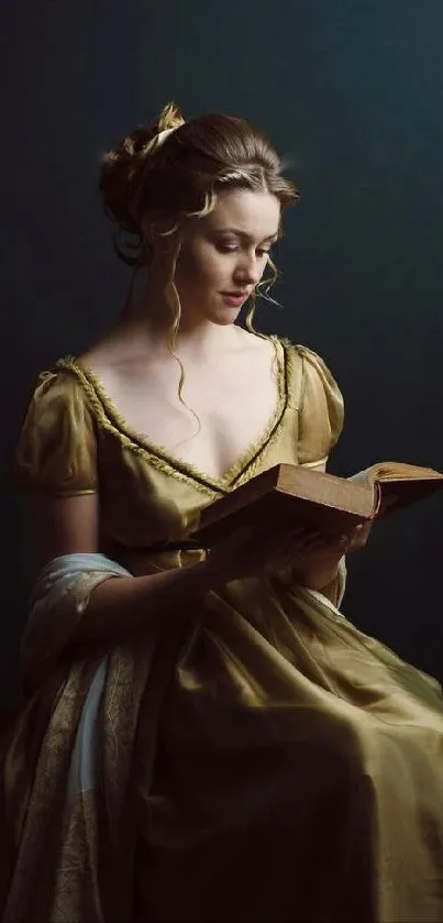 Elegant woman in vintage dress reading a book in dim light.