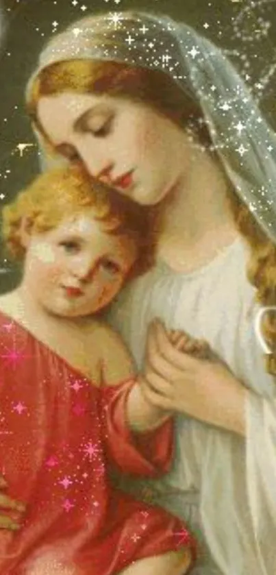 Vintage religious artwork of mother and child with starry background.