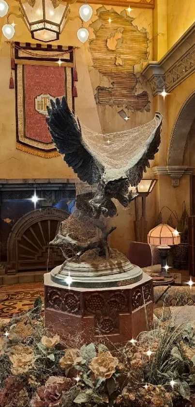 Vintage room with eagle statue and warm decor.