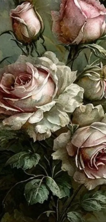 Vintage roses with lush green leaves on wallpaper