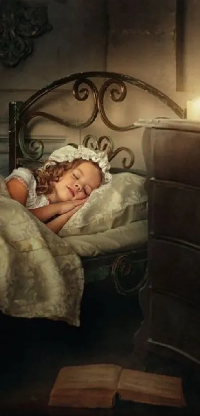 Child sleeping in vintage room under candlelight.