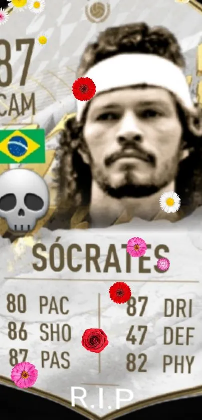 Vintage soccer card with flowers and skull icon, featuring football legend.