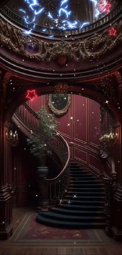 Elegant vintage staircase with rich red tones and ornate architectural details.