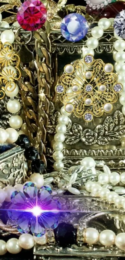 Vintage jewelry and pearls on black background.