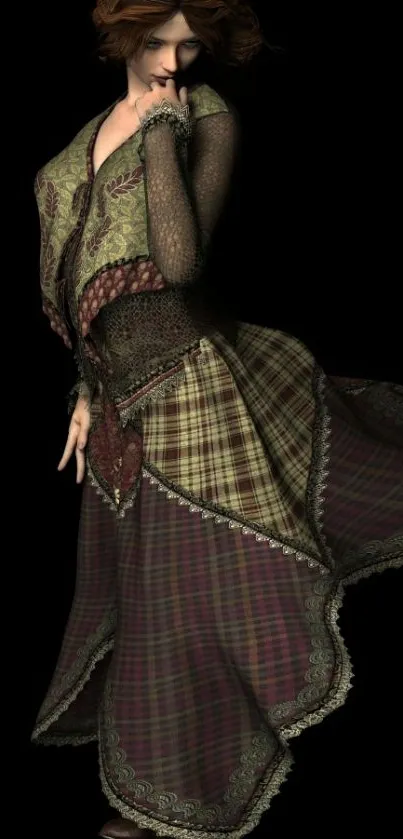 Elegant woman in a vintage plaid dress on dark background.