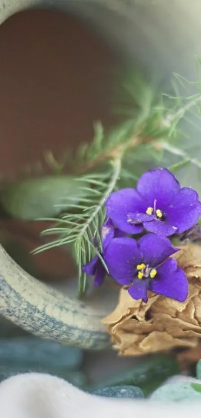 Violet flower with rustic accents and greenery on a textured background.