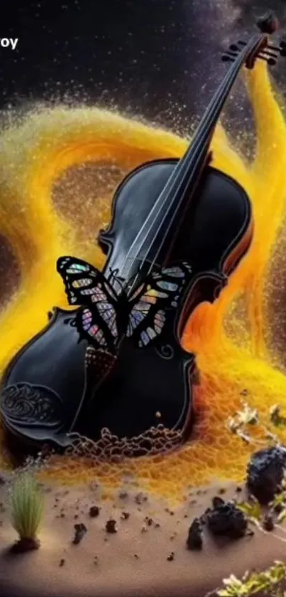 Elegant violin with butterfly amidst vibrant orange swirls.