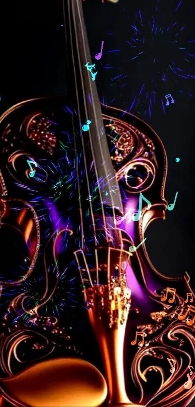 Elegant violin art with dark background and musical notes.