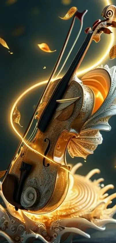 Mystical violin in golden fantasy art setting.
