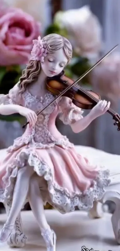 Elegant figurine playing violin with floral backdrop.