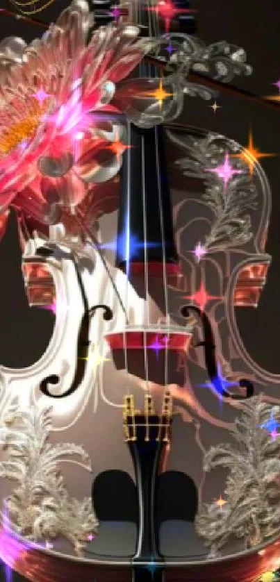 Elegant violin and floral art with musical notes on dark background.