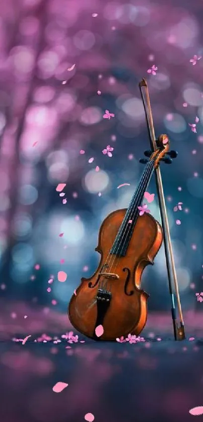 A beautiful violin set against a dreamy, purple forest bokeh background.