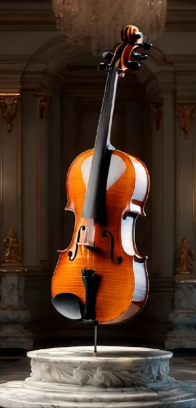 Elegant violin standing in a luxurious room with chandeliers.