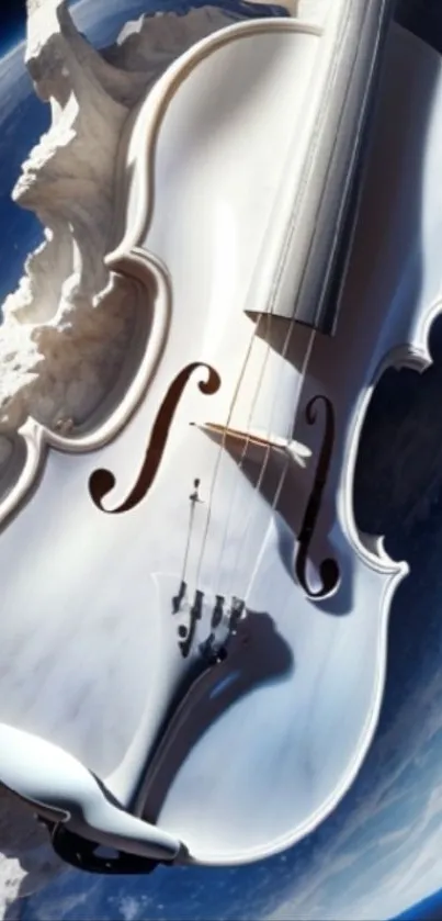 White violin with cosmic background in space.