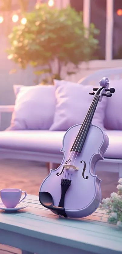 Lavender violin on a cozy sofa in a serene setting.