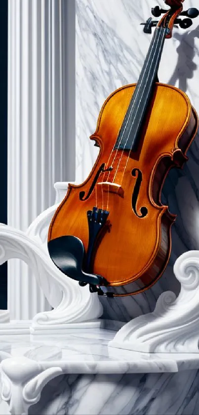 Violin resting on ornate marble sculpture, elegant and artistic phone wallpaper.