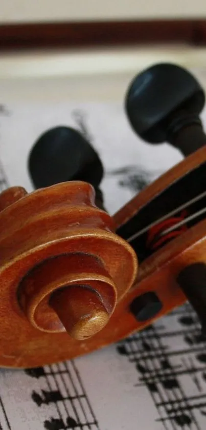 Brown violin close-up on sheet music background.