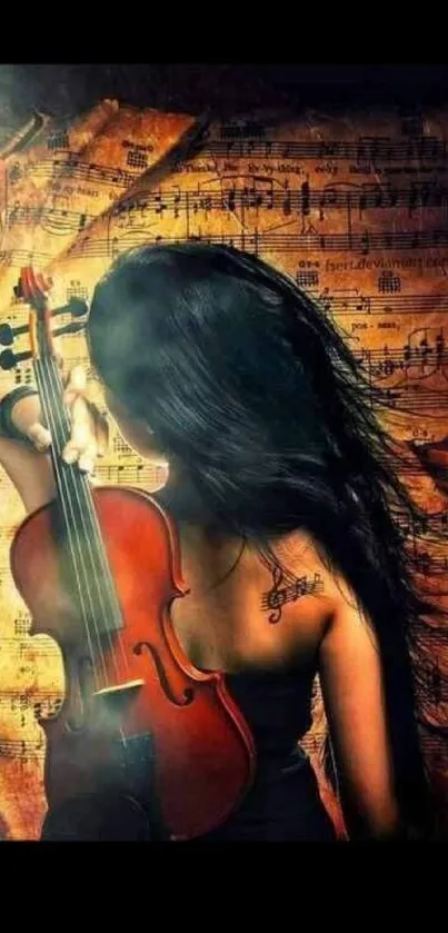 Violinist art with vintage sheet music background.