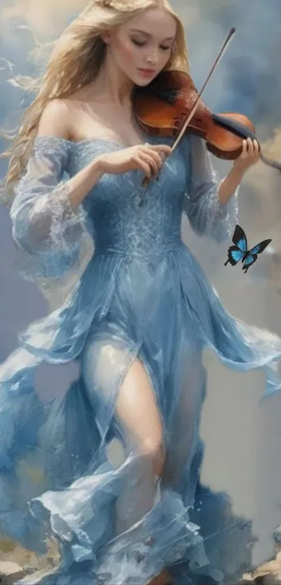 Ethereal violinist in flowing blue dress with butterfly.