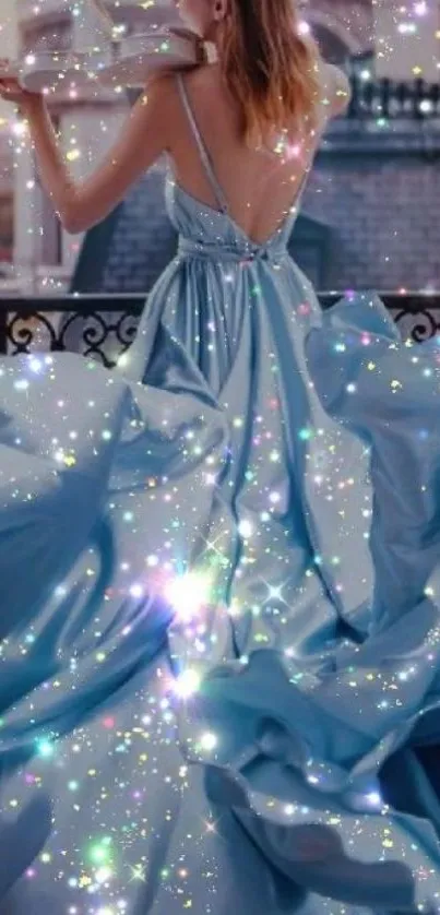 Elegant woman in blue gown playing violin with sparkling lights.