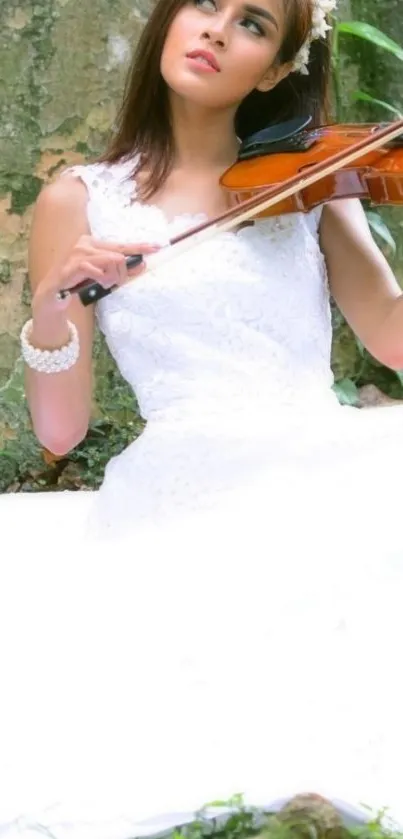 Woman in white dress playing violin in nature.