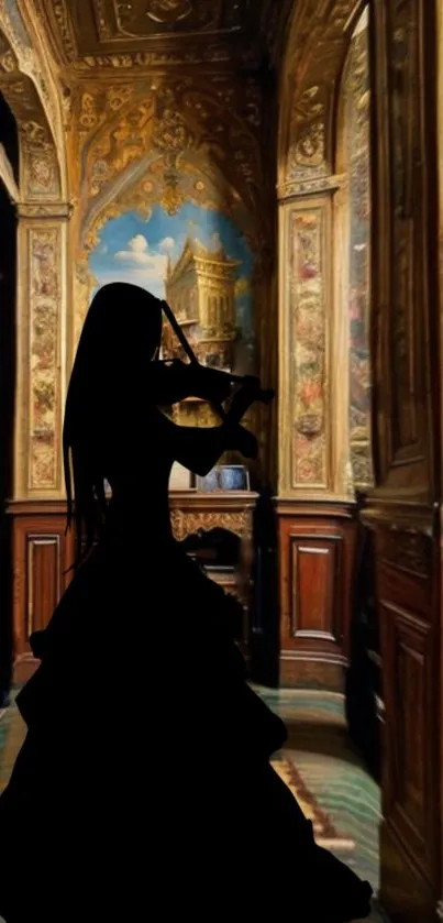 Silhouette of a violinist in a luxurious, ornately decorated room.