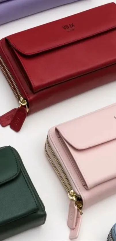 A collection of colorful wallets arranged neatly.