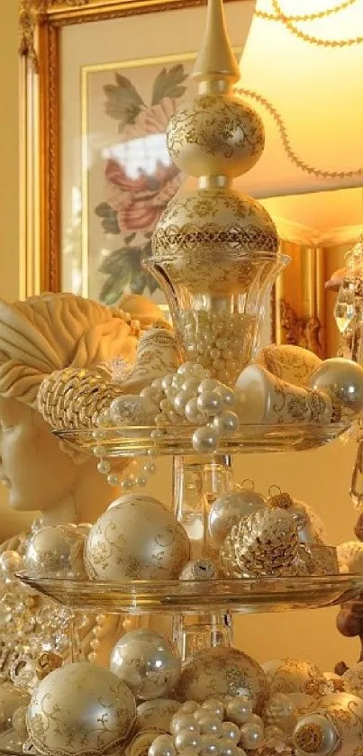 Warm golden decor with elegant ornaments creating a cozy and festive atmosphere.