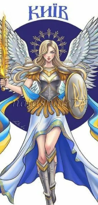 Warrior angel with wings and sword, vibrant fantasy art.