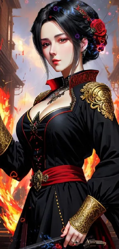 Anime warrior in black dress with fiery backdrop.