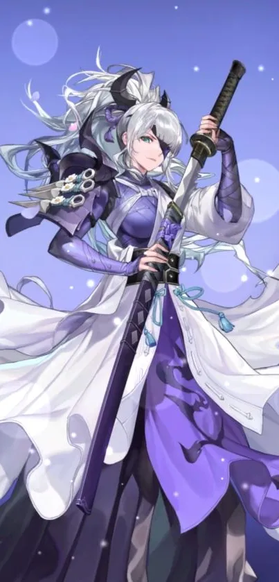 Anime warrior with purple robe and sword on fantasy wallpaper.