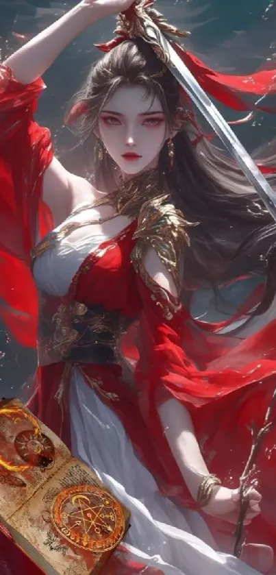 Anime warrior in elegant red attire holding a sword in digital art.