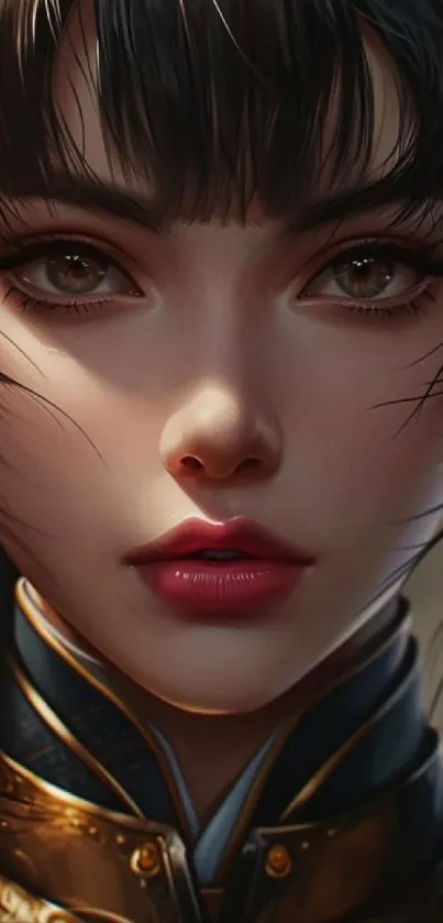 Digital art of an elegant fantasy warrior girl with deep brown eyes.