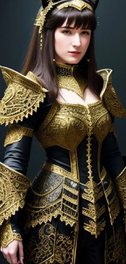 Fantasy warrior in gold and black costume on a dark background.