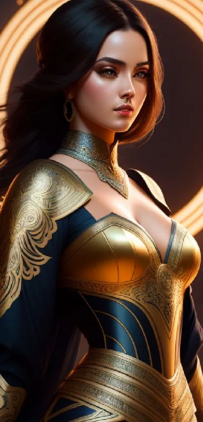 Elegant warrior with golden armor in fantasy art style.