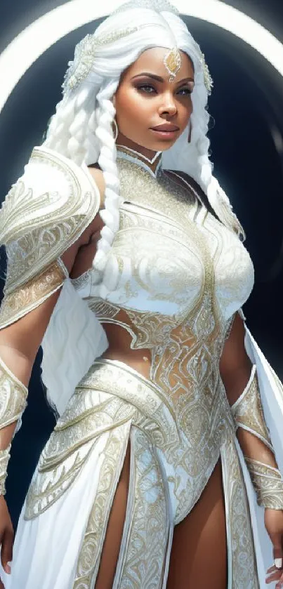 Fantasy art of an elegant warrior goddess in ornate white armor.