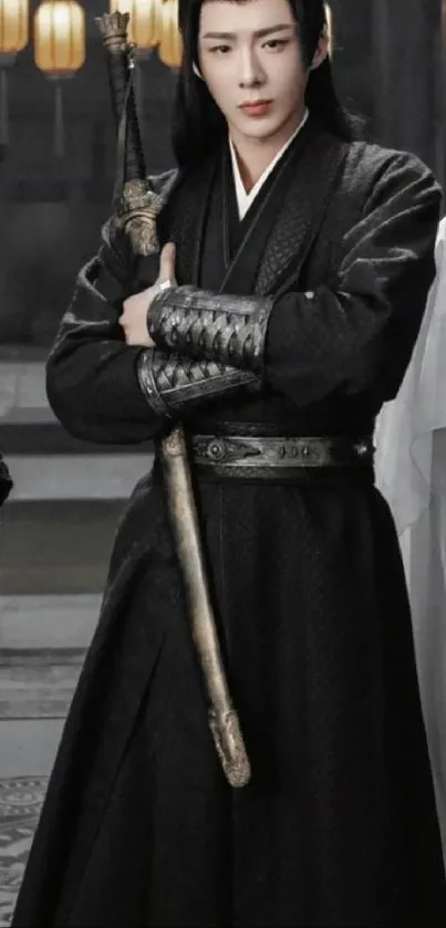 Elegant warrior in black robe with a mysterious backdrop.